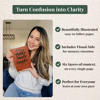 Woman holding the Bible study guide with feature highlights